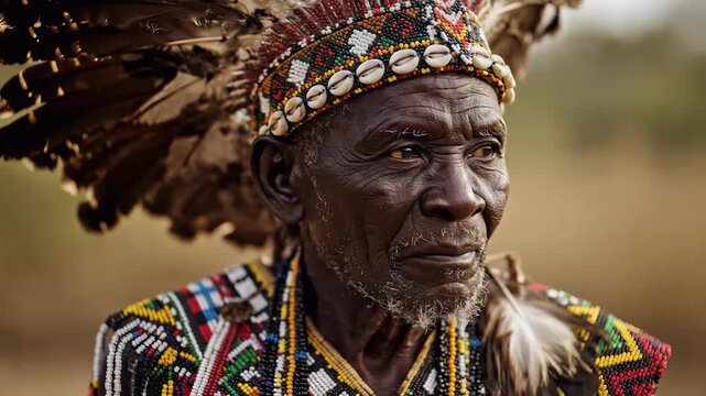 African Tribal Elder Portrait Traditional Attire and Feather Headdress