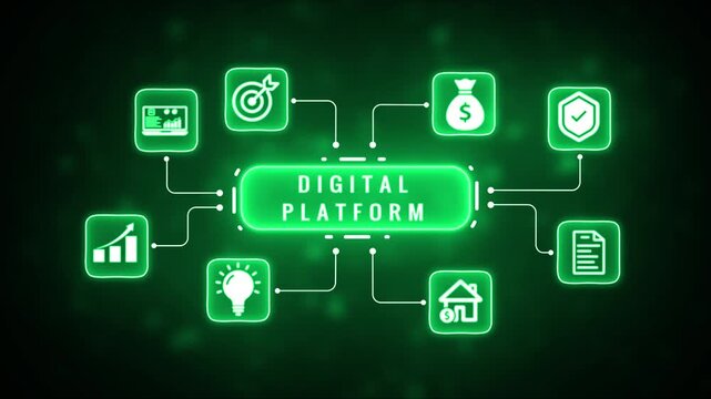 A central glowing green oblong shape connected by white lines to smaller square shapes on a dark green background with bokeh lights representing data flow or network connections