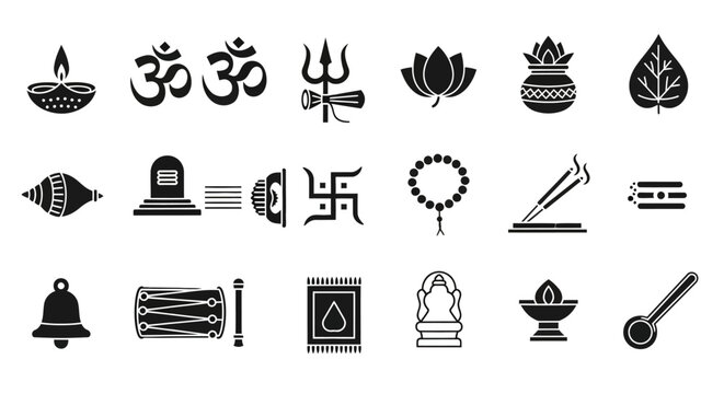 Collection of Hindu religious symbols and items used in worship and rituals, presented in a black and white graphic style.