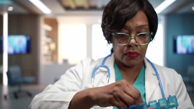 A medical professional examines tiny golden objects, blurred background
