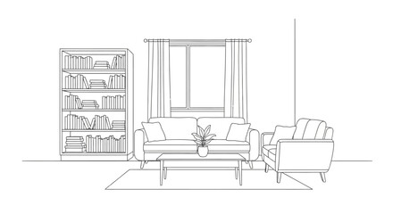 Line art drawing of a cozy living room interior with furniture and a window.