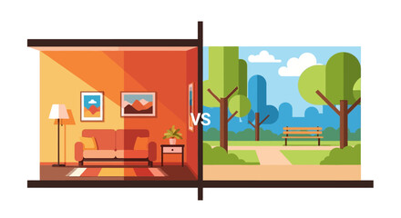 Obraz premium Split view showing a cozy indoor living space contrasted with an open outdoor park scene in daylight.