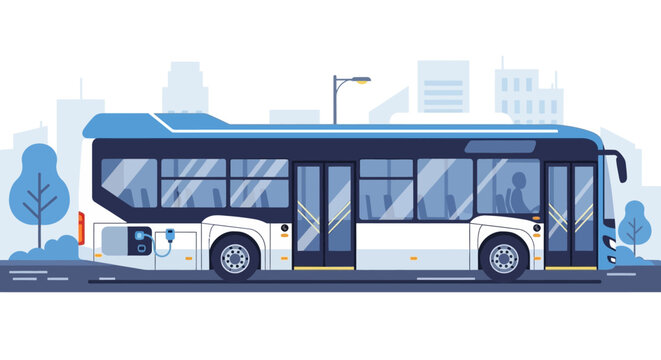 Blue urban bus on a modern street with city skyline and glassy buildings.