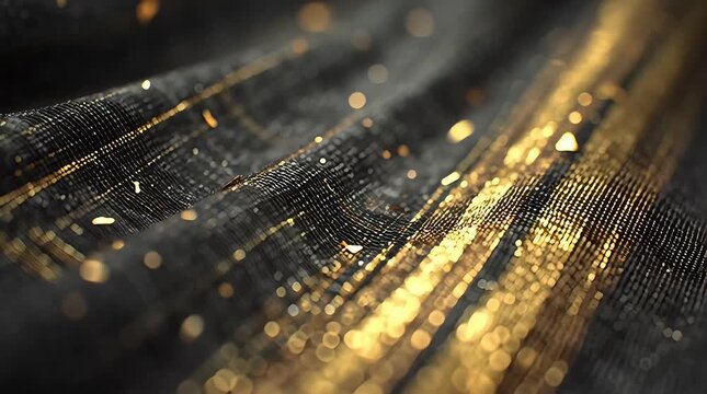 Cinematic video of elegant black and gold gradient songket fabric, featuring luxurious shimmering textile textures, perfect for cultural fashion backgrounds.