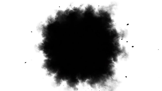 A large, black ink blot with jagged edges against a white background; splatters around