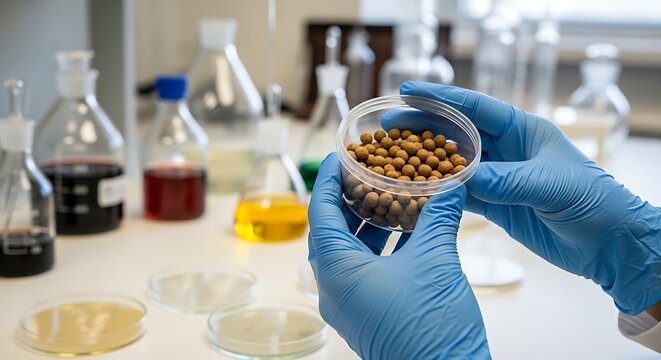 Person in blue gloves holding a petri dish with brown pellets in a laboratory with various bottles