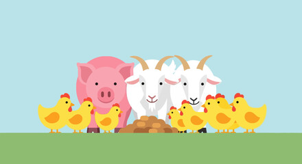 Obraz premium Cheerful farm animals gathered together with chicks and bread on a sunny meadow.