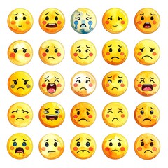 Fototapeta premium Watercolor-style emojis express various emotions like sadness, joy, anger, confusion in vibrant yellows