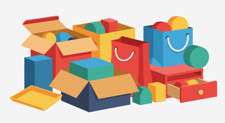 Obraz premium Colorful assortment of shopping boxes and bags stacked in a vibrant display.
