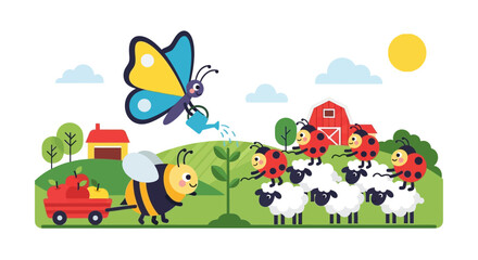 Fototapeta premium Sunny farm landscape with cows, bees, and a cheerful countryside scene.