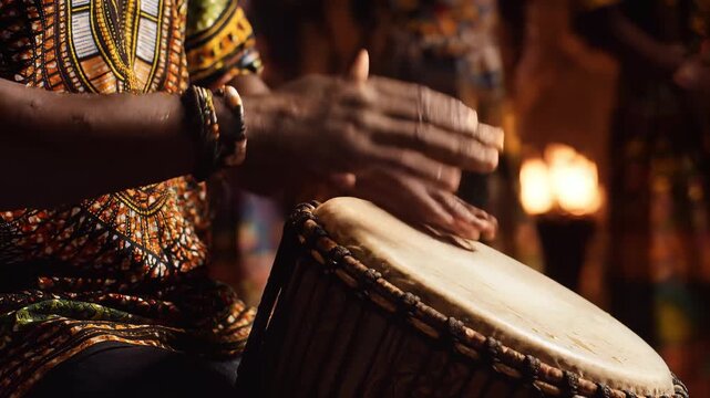 African Musician Playing Traditional Djembe Drum Close Up