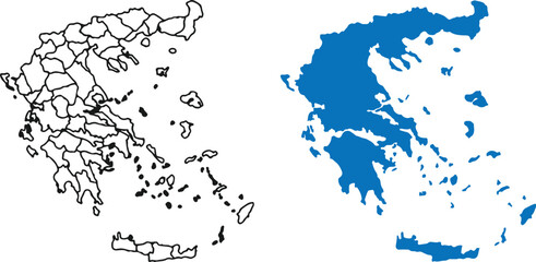 Detailed Greece Map Set – Outline Administrative Regions and Solid Blue Silhouette for Geography, Education, and Travel Design © Parves