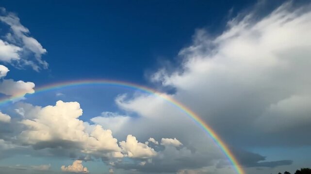 Rainbow over white clouds and blue sky.