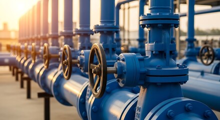 Obraz premium Blue industrial pipes with valves and fittings in a facility during sunset
