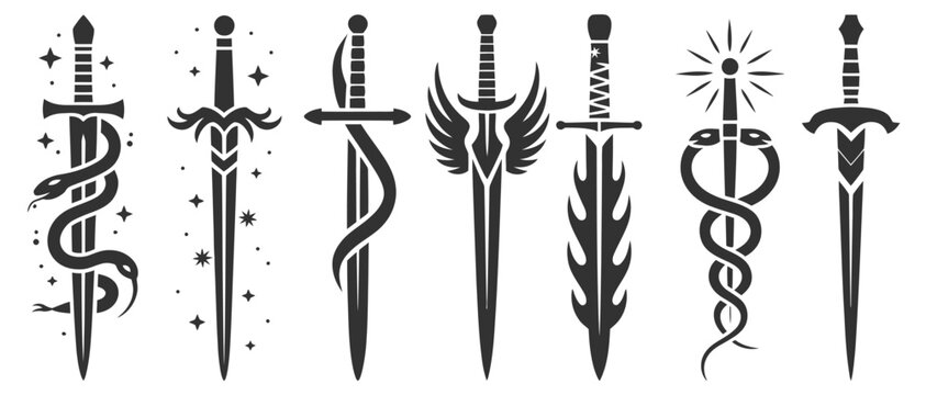 Fantasy Sword Tattoo Set, dark vector linocut blades inspired by magic legends, featuring dragon wings, fairy tale silhouettes, mystical snake symbols, medieval spiritual logotypes