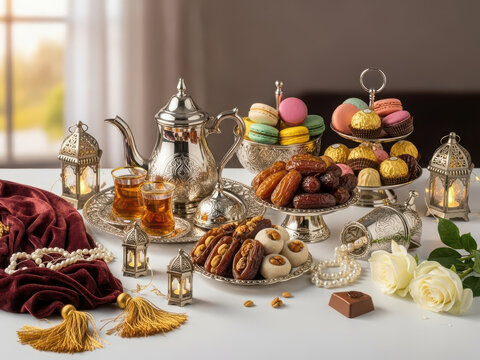 Elegant Ramadan Iftar Table Setting with Dates, Sweets, and Tea.