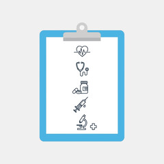 Medical icons on clipboard: heartbeat, stethoscope, pills, syringe, microscope, cross