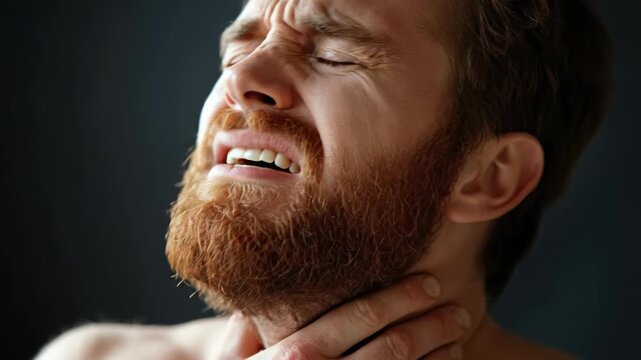 Throat pain symptom, intense discomfort from tonsillitis or cold, affecting the thyroid gland region