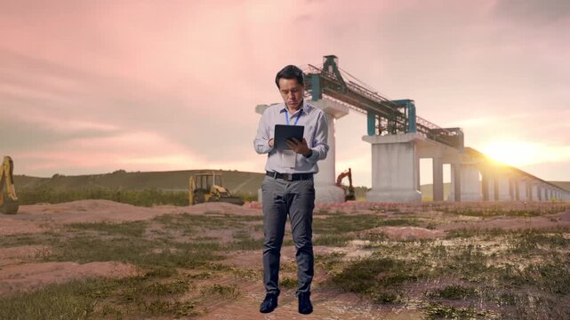 Full Body Of An Asian Male Professional Worker Standing With His Tablet at Bridge Construction with Concrete Pillars at Sunset, Typing And Dissapionted With Nodding His Head 