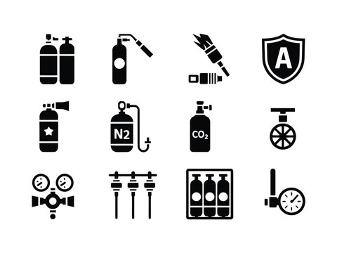 Industrial Gas Icons, solid icon set of industrial gases including industrial cylinders, acetylene tanks, welding gas symbols, argon shield icons, and compressed air graphics for professional stock 