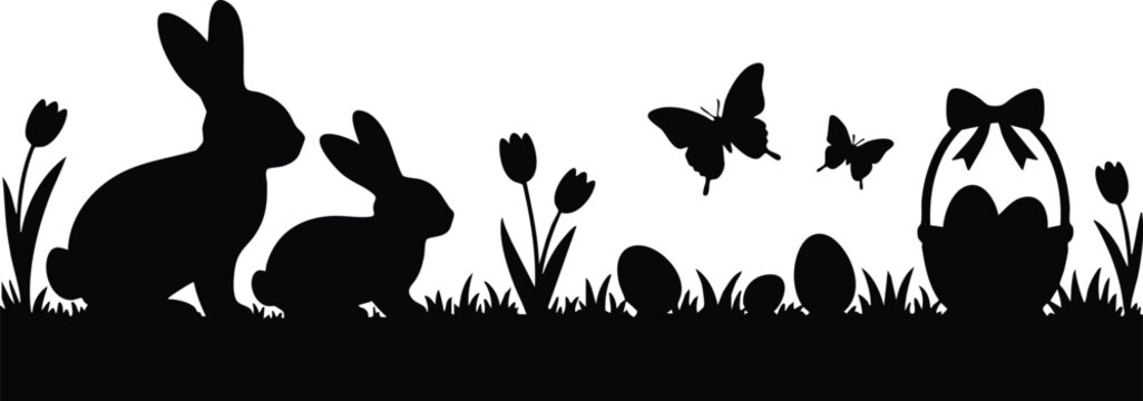 Monochrome Graphic of Rabbits, Butterflies, and an Easter Basket, Minimalist Nature Border Featuring Seasonal Wildlife and Flowers, vector, illustration, silhouette.