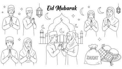 Fototapeta premium Eid Mubarak Hand-Drawn Muslim Family Celebration Vectors Set