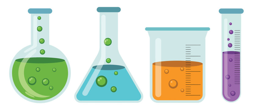 Laboratory Glassware with Colorful Liquids, illustrating chemistry beakers, flasks, and test tubes filled with vibrant solutions for science experiments, education materials