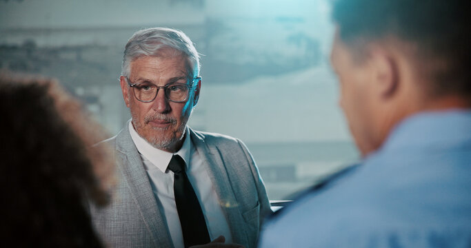 Government, presentation and team in control room with man for strategy, planning for satellite surveillance. Security, briefing and people in cctv command center at intelligence agency for meeting