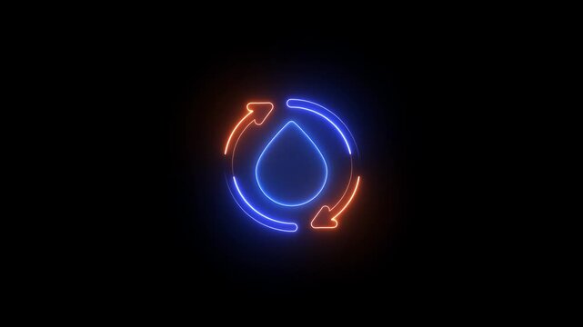 Glowing orange and blue neon water drop icon with circular reload arrows on a black background, representing contrast, resource recycling, and digital automation.