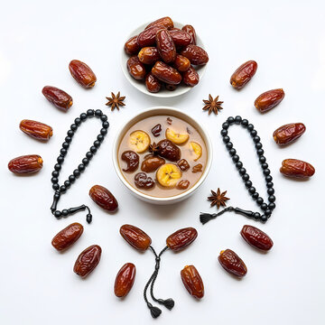 Creative circular arrangement of dates around a bowl of kolak and black prayer beads.
