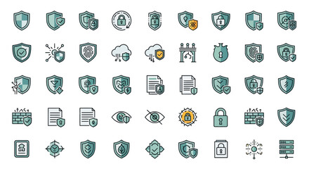 Fototapeta premium Cyber Security Icons: Shield, Lock, Cloud, Fingerprint, Data Protection
