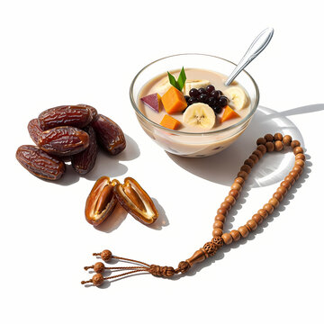 Bowl of banana and sweet potato kolak with sliced dates and prayer beads on white surface.
