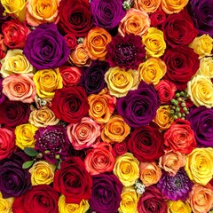 Colorful, close-up view of many vibrant roses