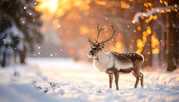 A majestic reindeer stands in a snow-covered forest path, with golden sunlight filtering through the trees, creating a warm glow
