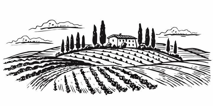 A serene tuscan landscape featuring a farmhouse amidst rolling hills and vineyards
