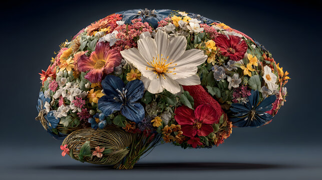 Human brain sculpture made of colorful flowers on dark background, concept for mental health, creativity, neuroscience, and wellbeing campaigns.