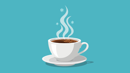 Obraz premium Steaming white coffee cup on a saucer against a turquoise background with snowflakes