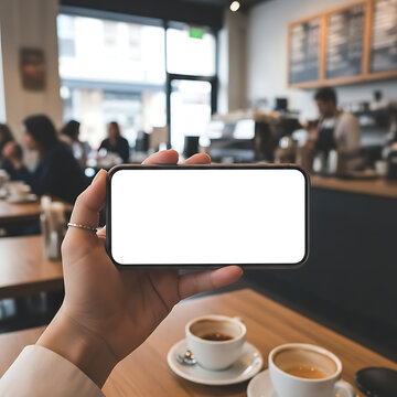 Mockup Smartphone with White Screen in Cafe Setting