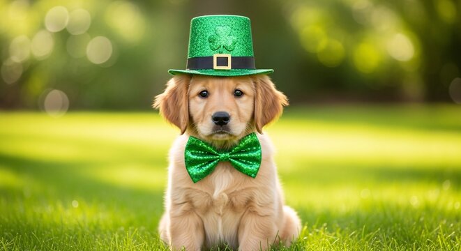 Adorable Golden Retriever puppy wearing a festive green leprechaun hat and bow tie sitting on lush green grass in a bright outdoor setting perfect for St Patrick's Day celebration