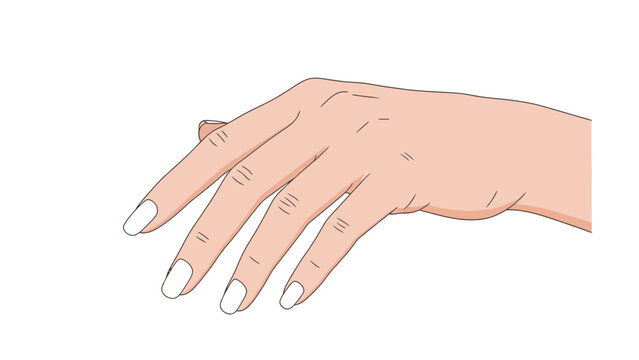 Stylized drawing of a lightskinned hand reaching forward with whitetipped nails