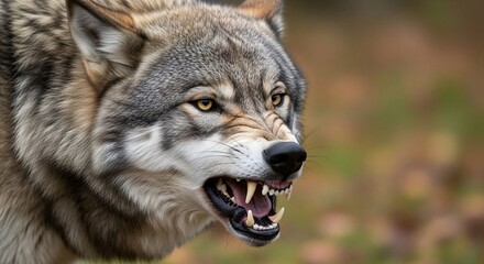 Obraz premium Close-up of an aggressive wolf showing teeth and snarling in a natural outdoor setting for wildlife photography and animal behavior studies