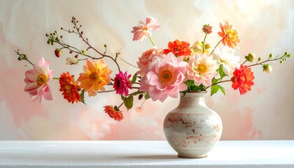 Colorful, diverse bouquet of flowers in a rustic, ceramic vase