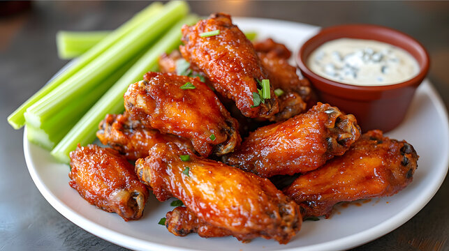 Buffalo Chicken Wings with Celery Sticks and Blue Cheese Dip
