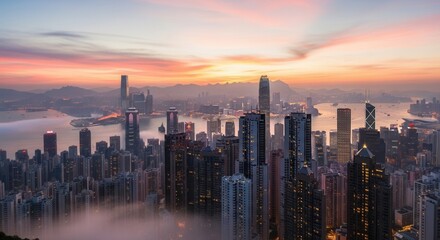 Fototapeta premium City skyline at dusk with mist harbor tall buildings and mountains under a vibrant sky
