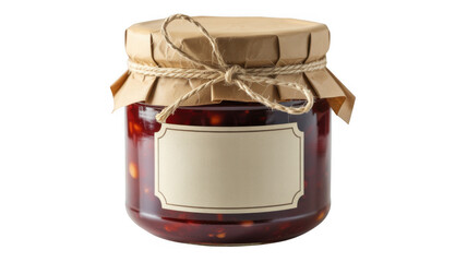 Jar of dark red jam with brown paper and twine isolated on a transparent background