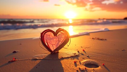 Fototapeta premium A heart-shaped object sits on a sandy beach. The sunset paints the sky with warm colors. The ocean softly breaks, creating a serene ambiance