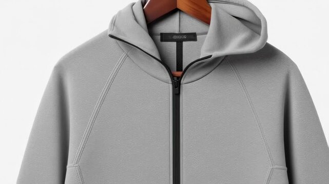 A gray hooded jacket with a black zipper and seams on a wooden hanger
