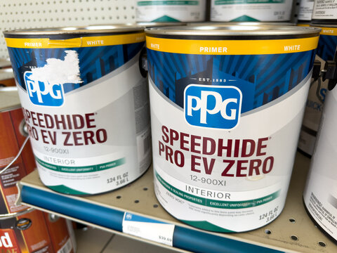 PPG Speedhide Pro EV Zero Interior Paint Cans on Retail Shelf