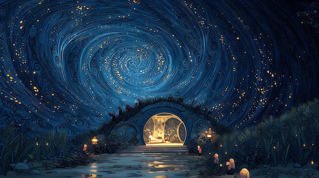 A serene nighttime scene featuring a bridge over a body of water with a swirling starry sky