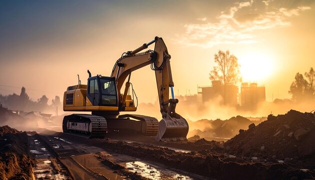 A large, yellow construction machine is positioned in a muddy area, backlit by a bright sunset. The scene is hazy